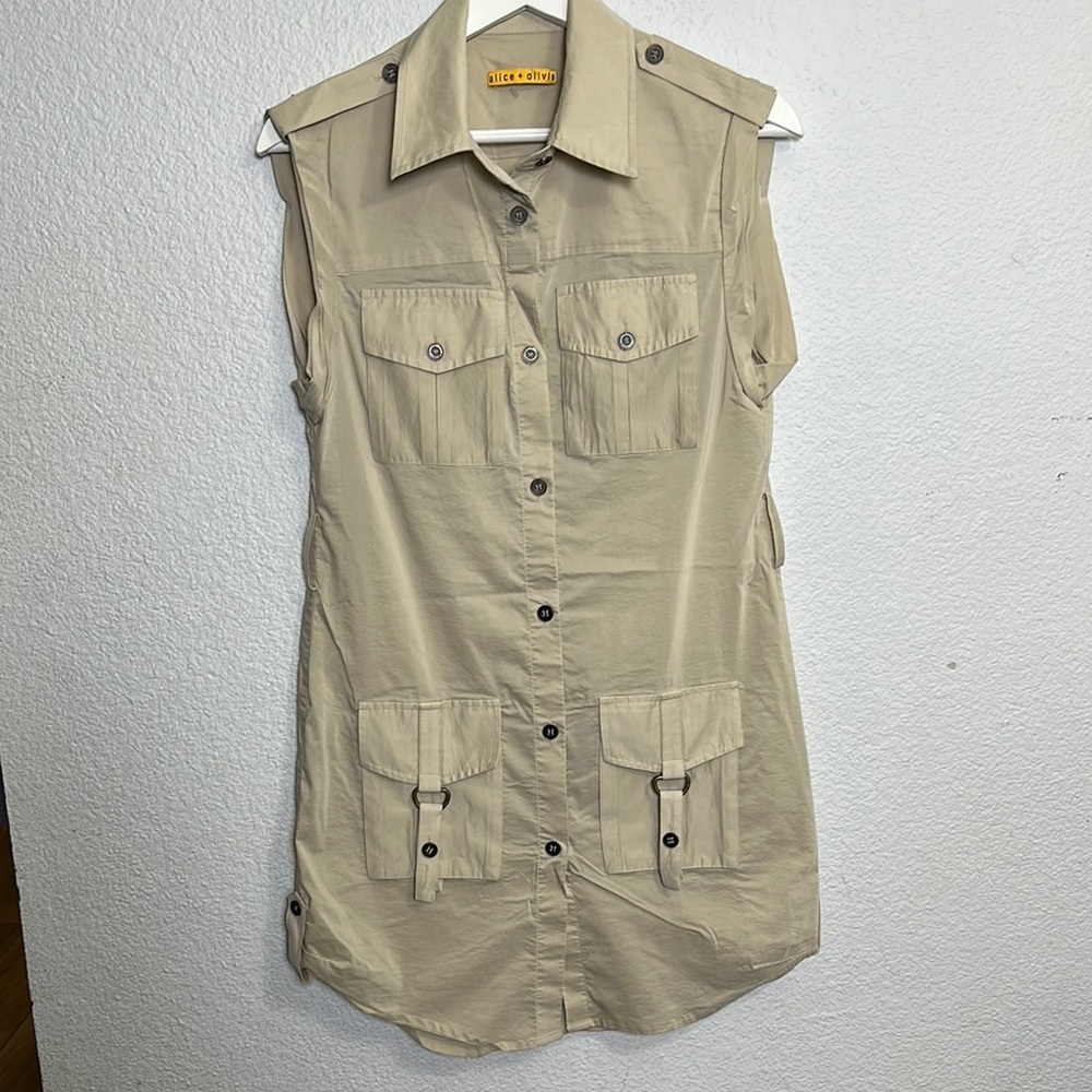 Alice + Olivia Button Down Tan Safari Womens Short Dress with Belt‎